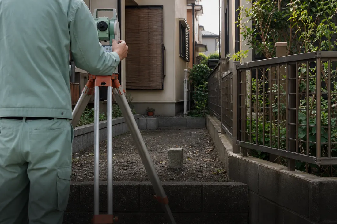 足立区の住宅地で境界を確認する土地家屋調査士